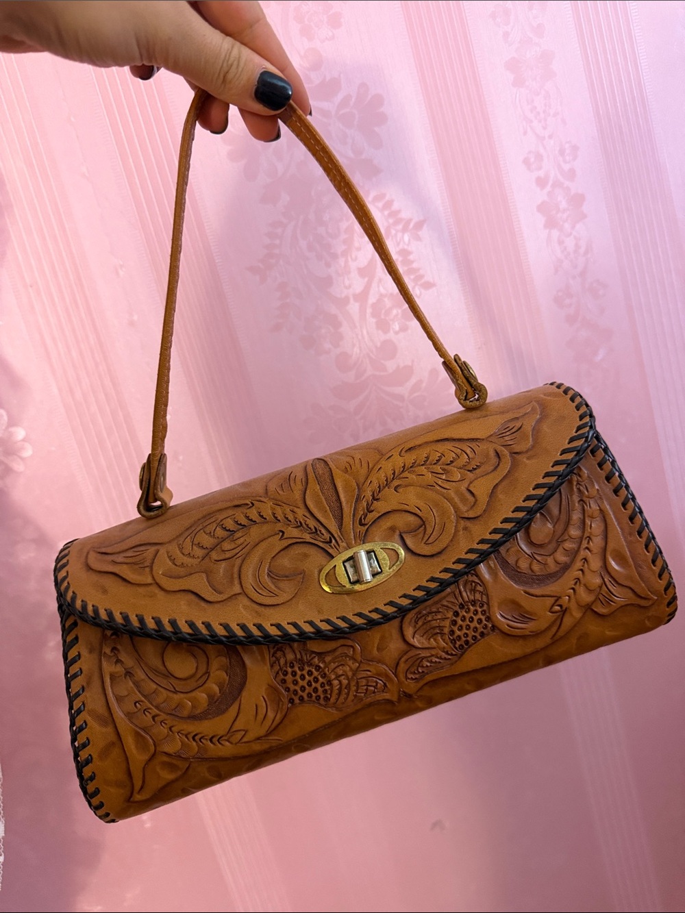 Hand-Tooled Leather Shoulder Bag in Tan